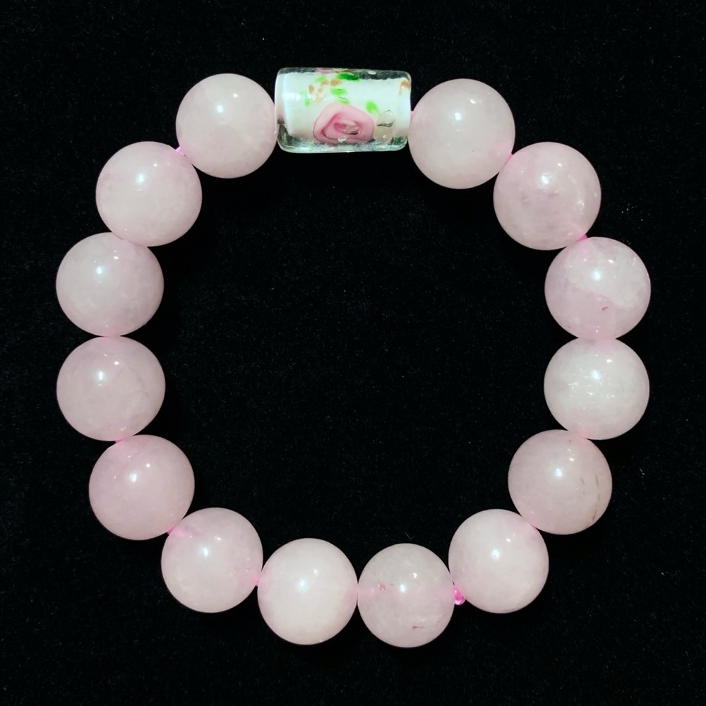 Natural Rose Quartz and Painted Glass Bracelet